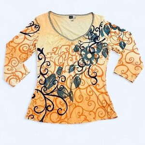 Bamboo Co Large Orange and Blue Floral Beaded Neckline Pima Cotton Blouse Top